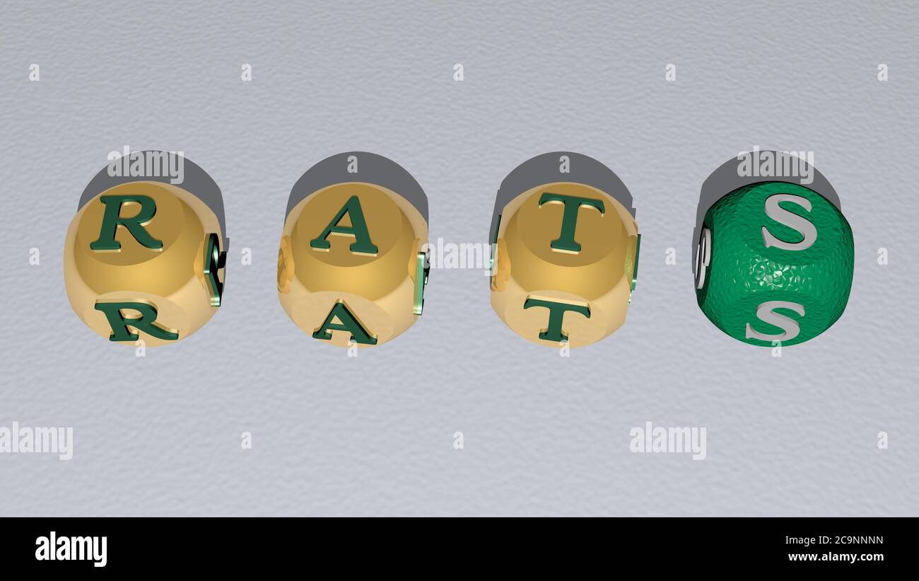 Kreuzworträtsel von Ratten angeordnet durch kubische Buchstaben auf einem Spiegelboden, Konzept Bedeutung und Präsentation. Illustration und 2020. 3D-Illustration Stockfoto