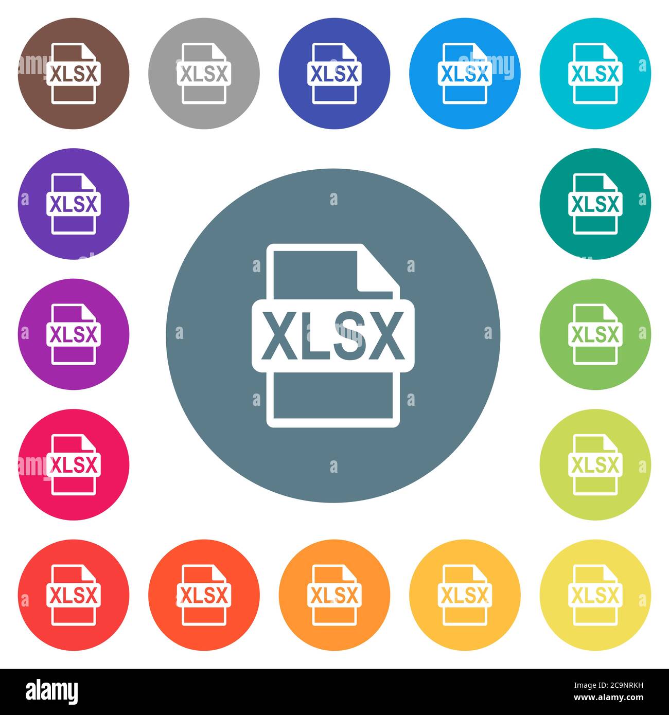 XLSX-Dateiformat flache weiße Symbole auf runden Farbhintergründen. 17 Hintergrundfarbvarianten sind enthalten. Stock Vektor