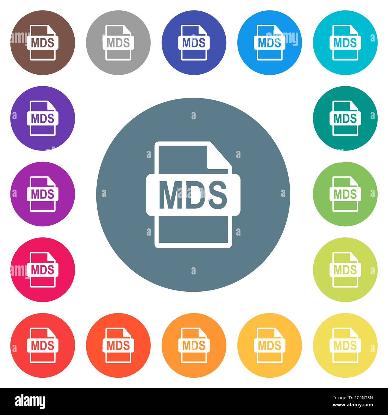 MDS-Dateiformat flache weiße Symbole auf runden farbigen Hintergründen. 17 Hintergrundfarbvarianten sind enthalten. Stock Vektor