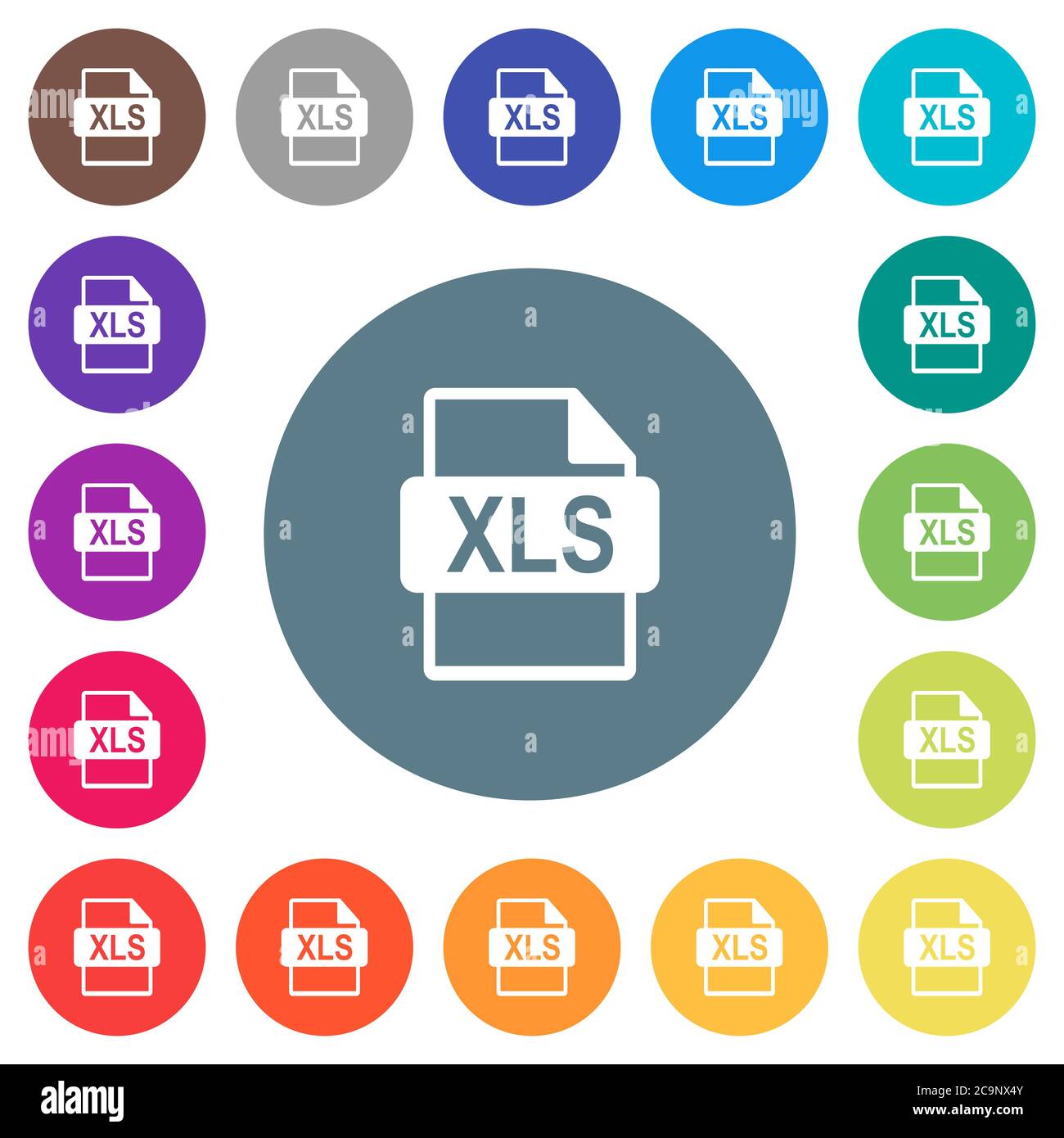 Flache weiße Symbole im XLS-Dateiformat auf runden Farbhintergründen. 17 Hintergrundfarbvarianten sind enthalten. Stock Vektor