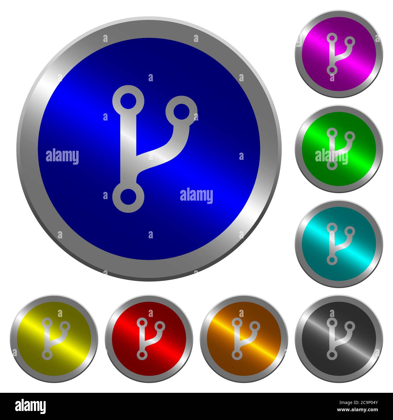 Code Gabel Symbole auf runden leuchtenden Münzen-wie Farbe Stahl Tasten Stock Vektor