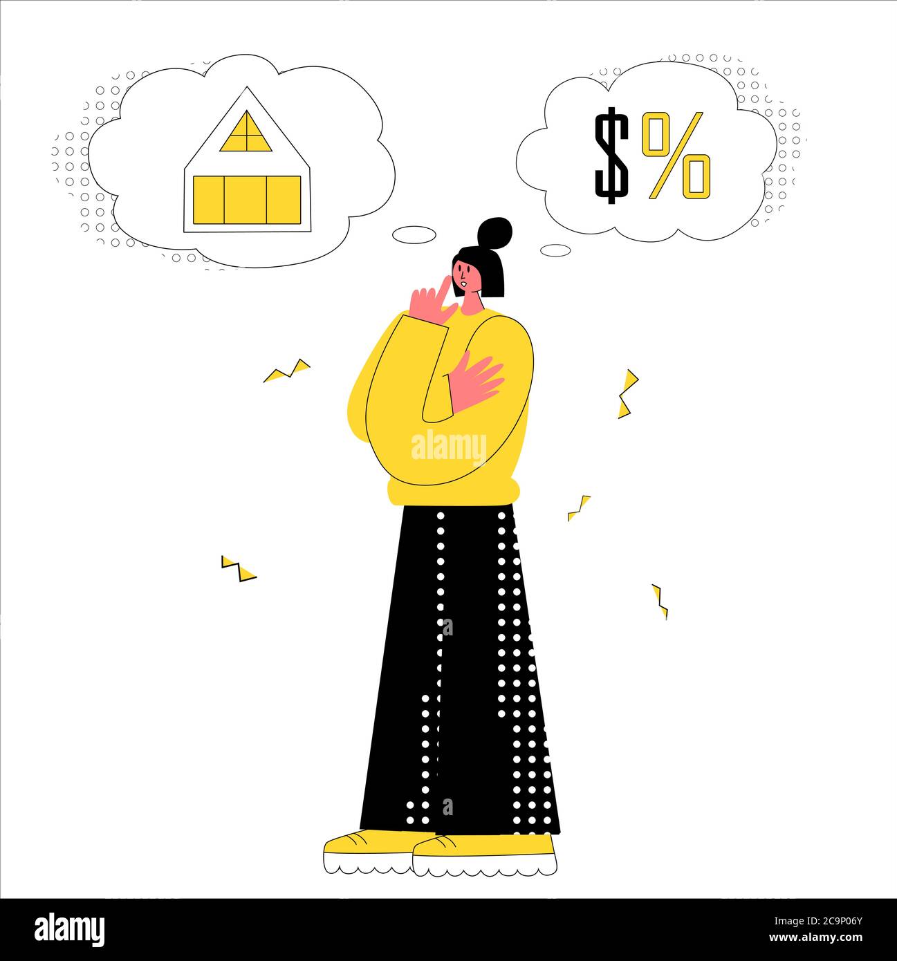 Haushypothek Konzept. Frau eine Entscheidung treffen Stock Vektor