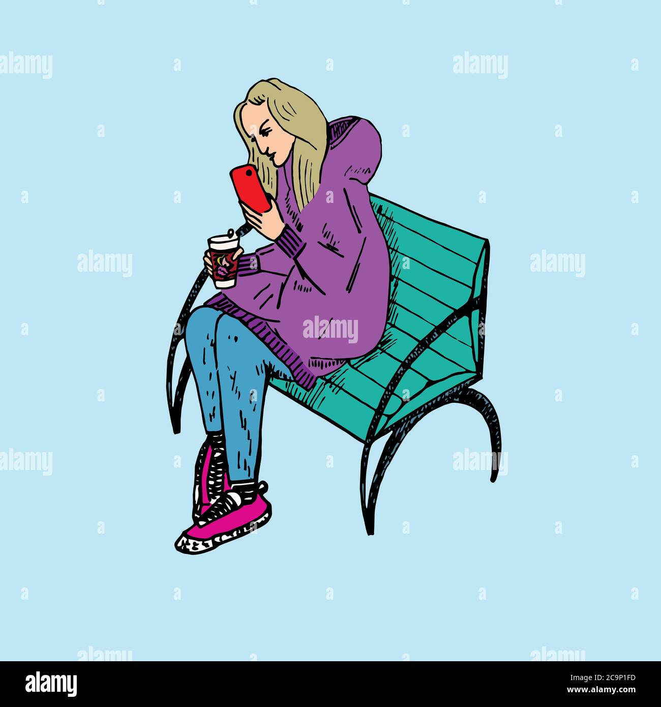 Mädchen in warmen lila Jacke mit Telefon sitzen auf türkisfarbenen Bank, handgezeichnete Doodle Tiefdruck Vintage-Stil, Skizze, bunte Illustration Stockfoto