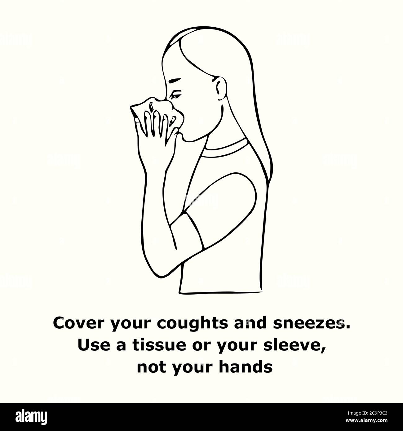 Decken Sie Ihre Husten und Niesen. Verwenden Sie ein Gewebe oder Ihren Ärmel, nicht Ihre Hände, skizzieren einfache Doodle Zeichnung der Empfehlung Stockfoto