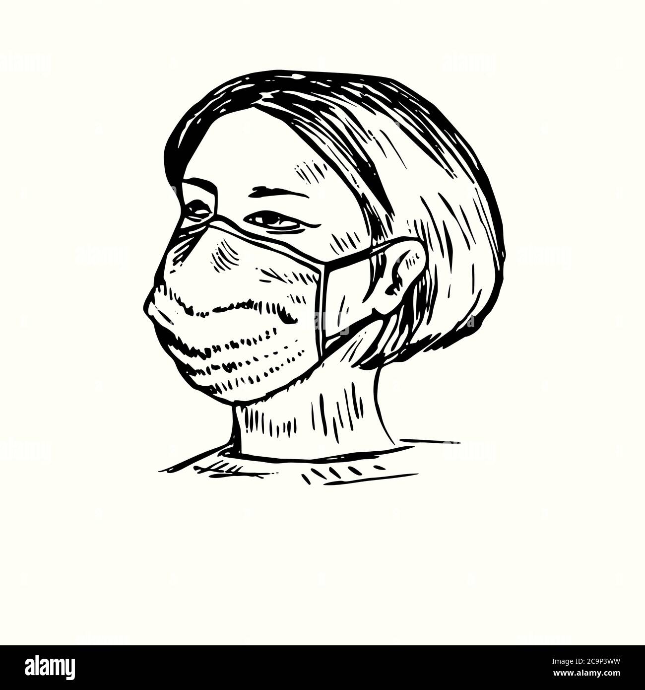 Mädchen tragen chirurgische Maske isoliert, skizzieren einfache Doodle Zeichnung Stockfoto
