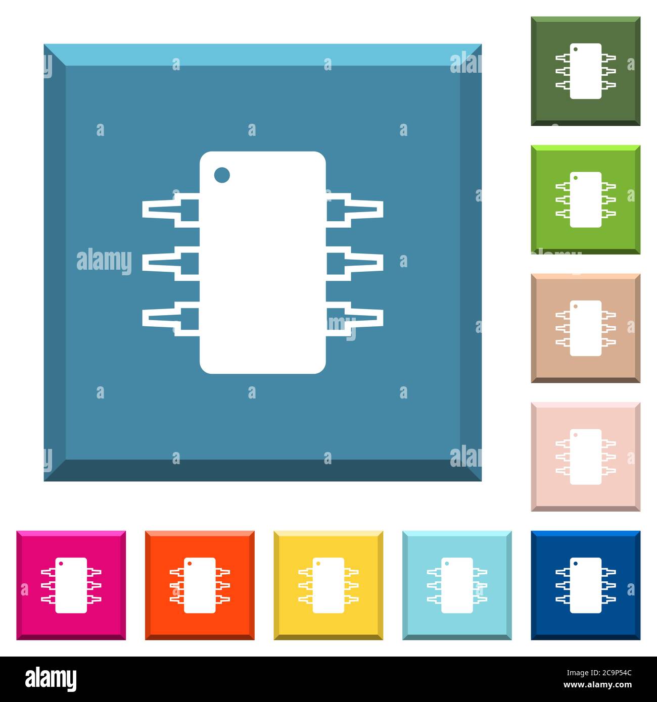 Integrierte Schaltung weiße Symbole auf kantigen quadratischen Tasten in verschiedenen trendigen Farben Stock Vektor