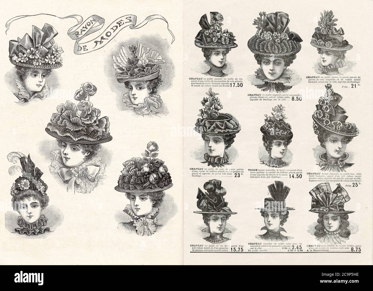 Hüte für elegante Frau. Vintage Mode Magazin Gravur. Frankreich, Paris 1897 Stockfoto