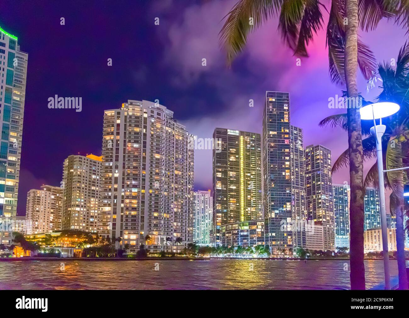 Palmen und Wolkenkratzer in Riverwalk Miami bei Nacht. Florida, USA Stockfoto