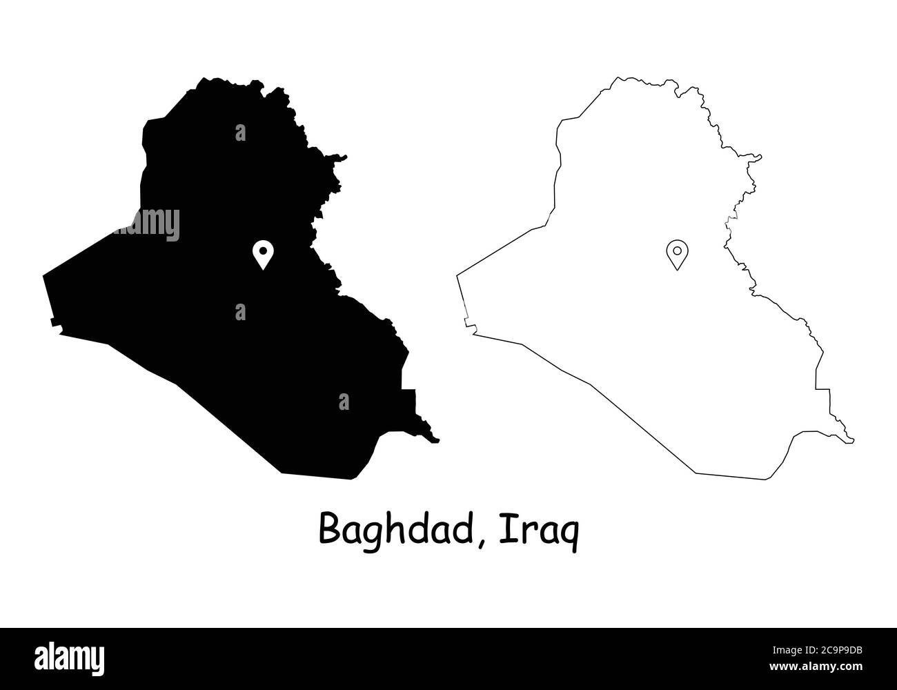 Bagdad Irak. Detaillierte Landkarte mit Lage Pin auf Hauptstadt. Schwarze Silhouette und Umrisskarten isoliert auf weißem Hintergrund. EPS-Vektor Stock Vektor