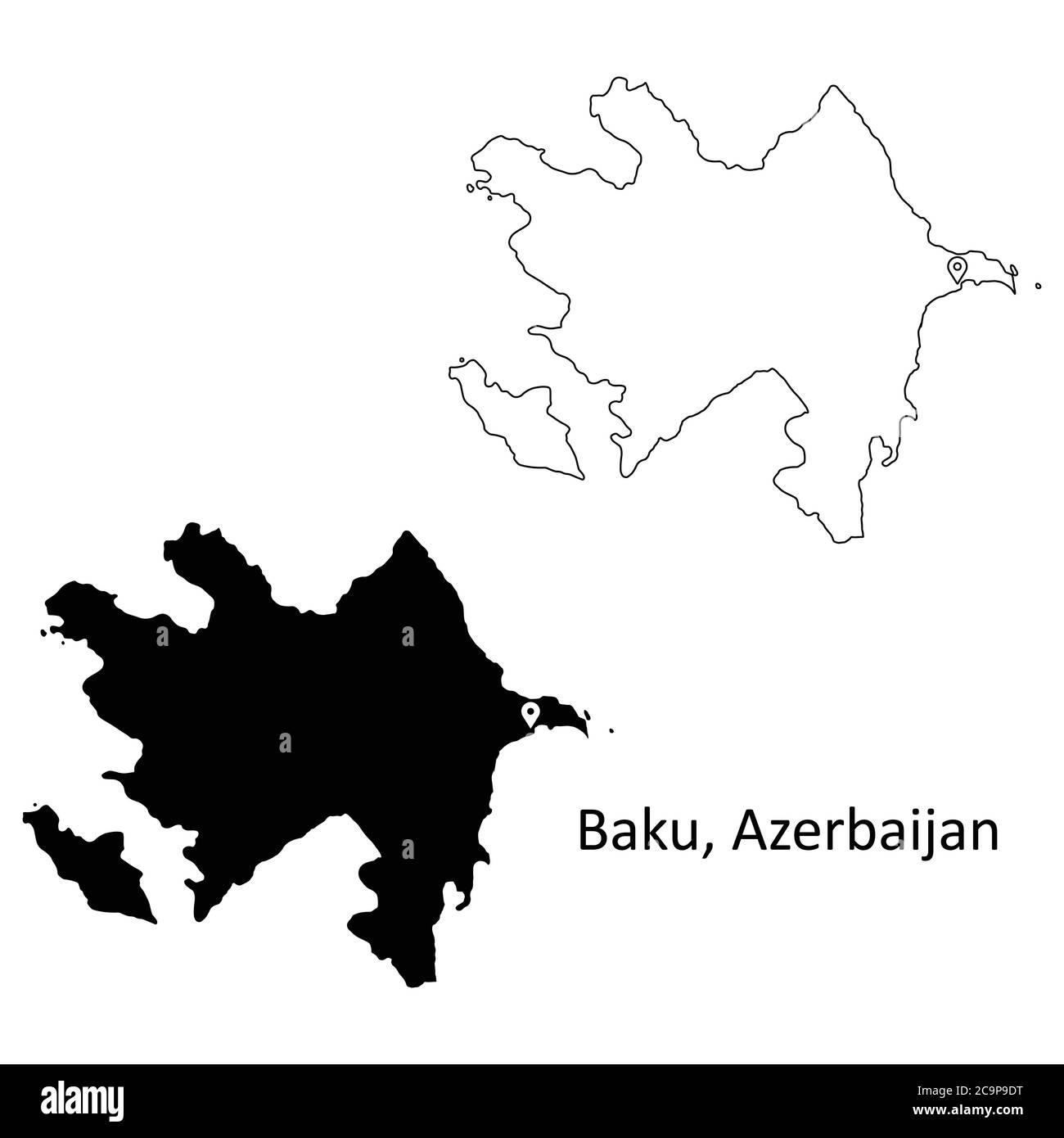 Baku Aserbaidschan. Detaillierte Landkarte mit Hauptstadt Stadt Lage Pin. Schwarze Silhouette und Umrisskarten isoliert auf weißem Hintergrund. EPS-Vektor Stock Vektor