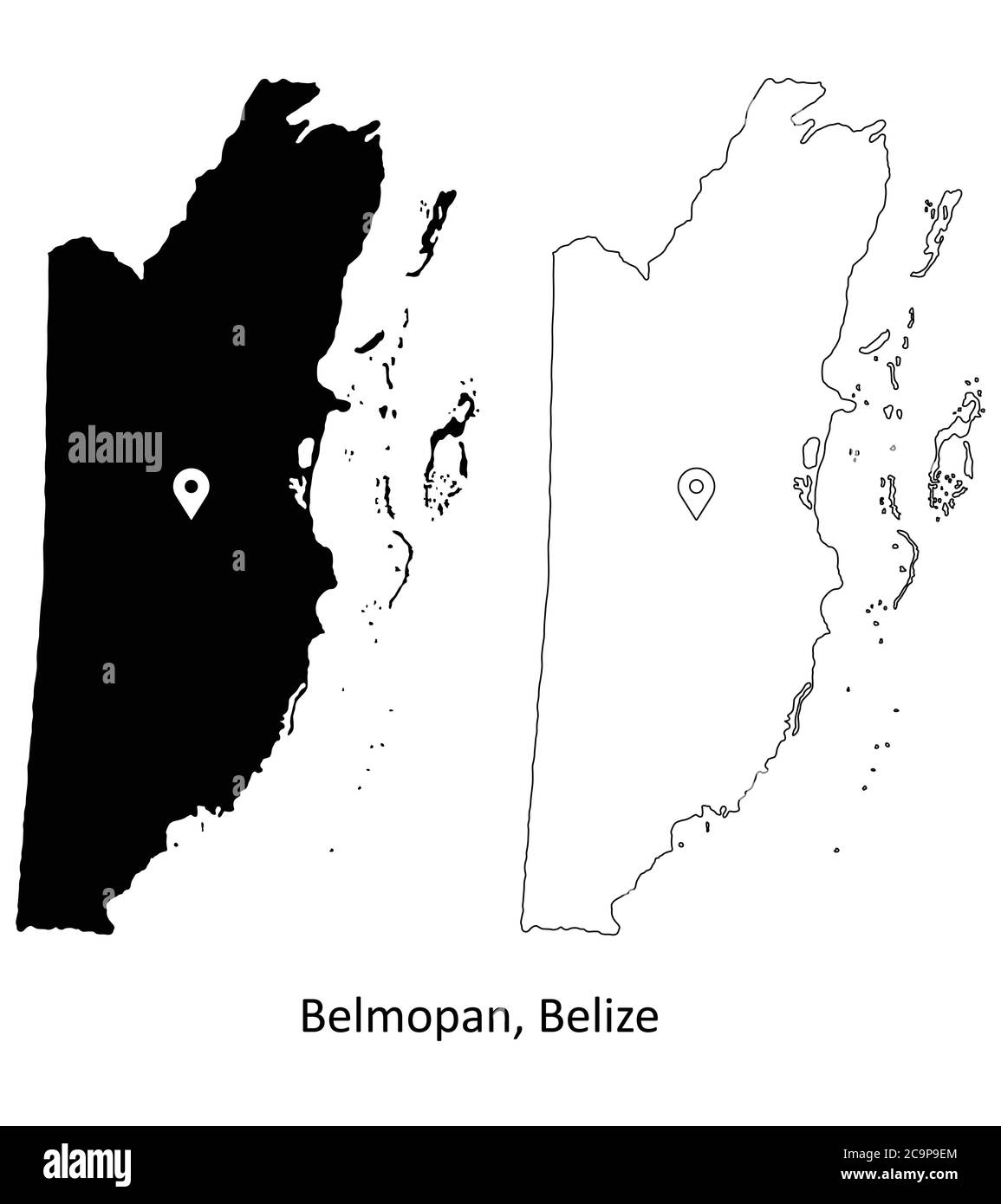 Belmopan Belize. Detaillierte Landkarte mit Lage Pin auf Hauptstadt. Schwarze Silhouette und Umrisskarten isoliert auf weißem Hintergrund. EPS-Vektor Stock Vektor