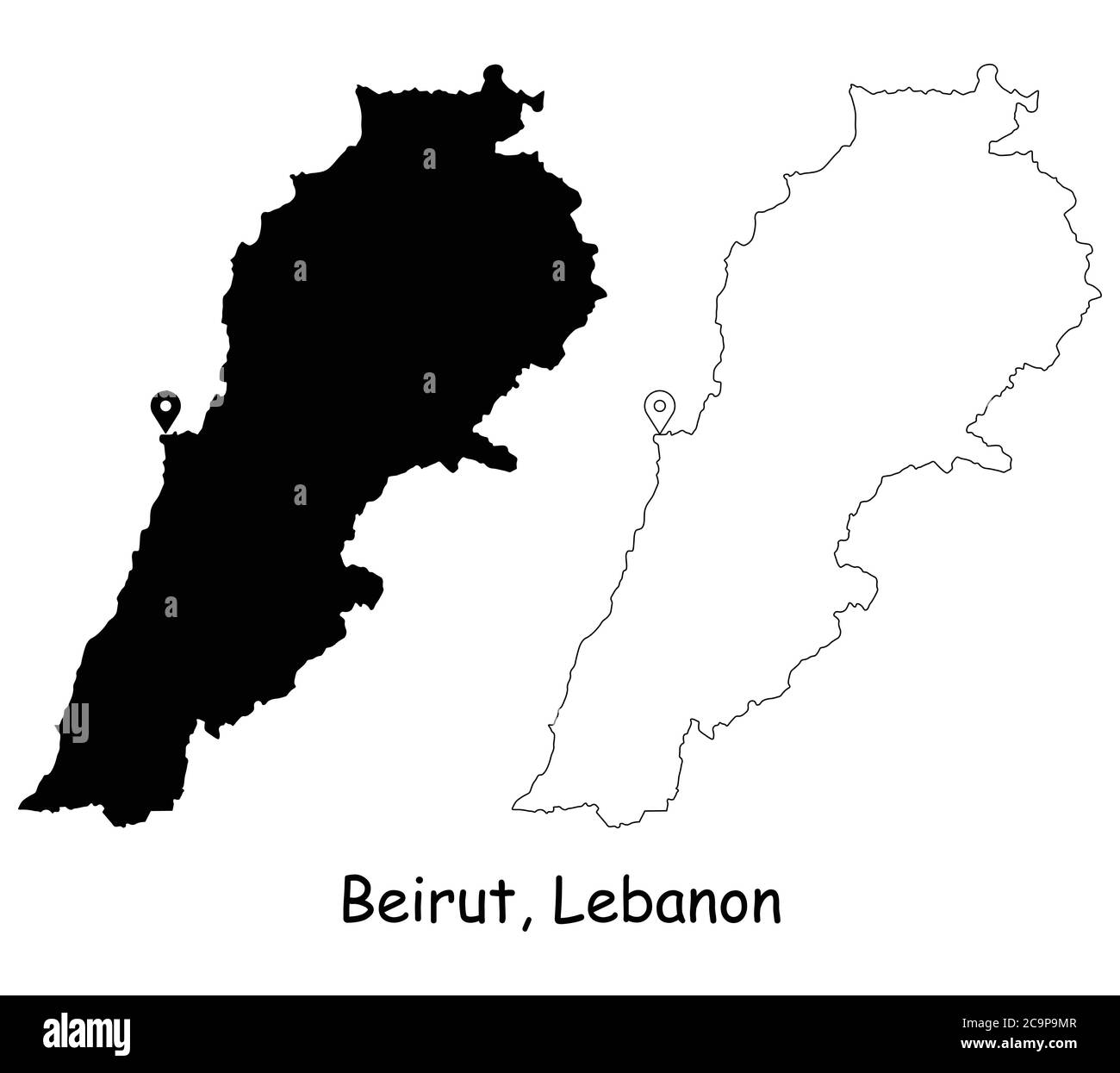 Beirut Libanon. Detaillierte Landkarte mit Lage Pin auf Hauptstadt. Schwarze Silhouette und Umrisskarten isoliert auf weißem Hintergrund. EPS-Vektor Stock Vektor
