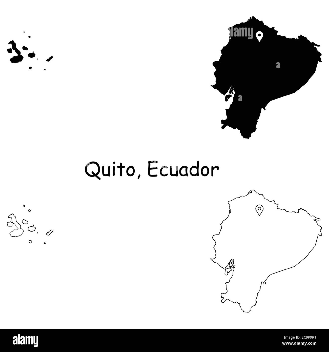 Quito Ecuador. Detaillierte Landkarte mit Lage Pin auf Hauptstadt. Schwarze Silhouette und Umrisskarten isoliert auf weißem Hintergrund. EPS-Vektor Stock Vektor