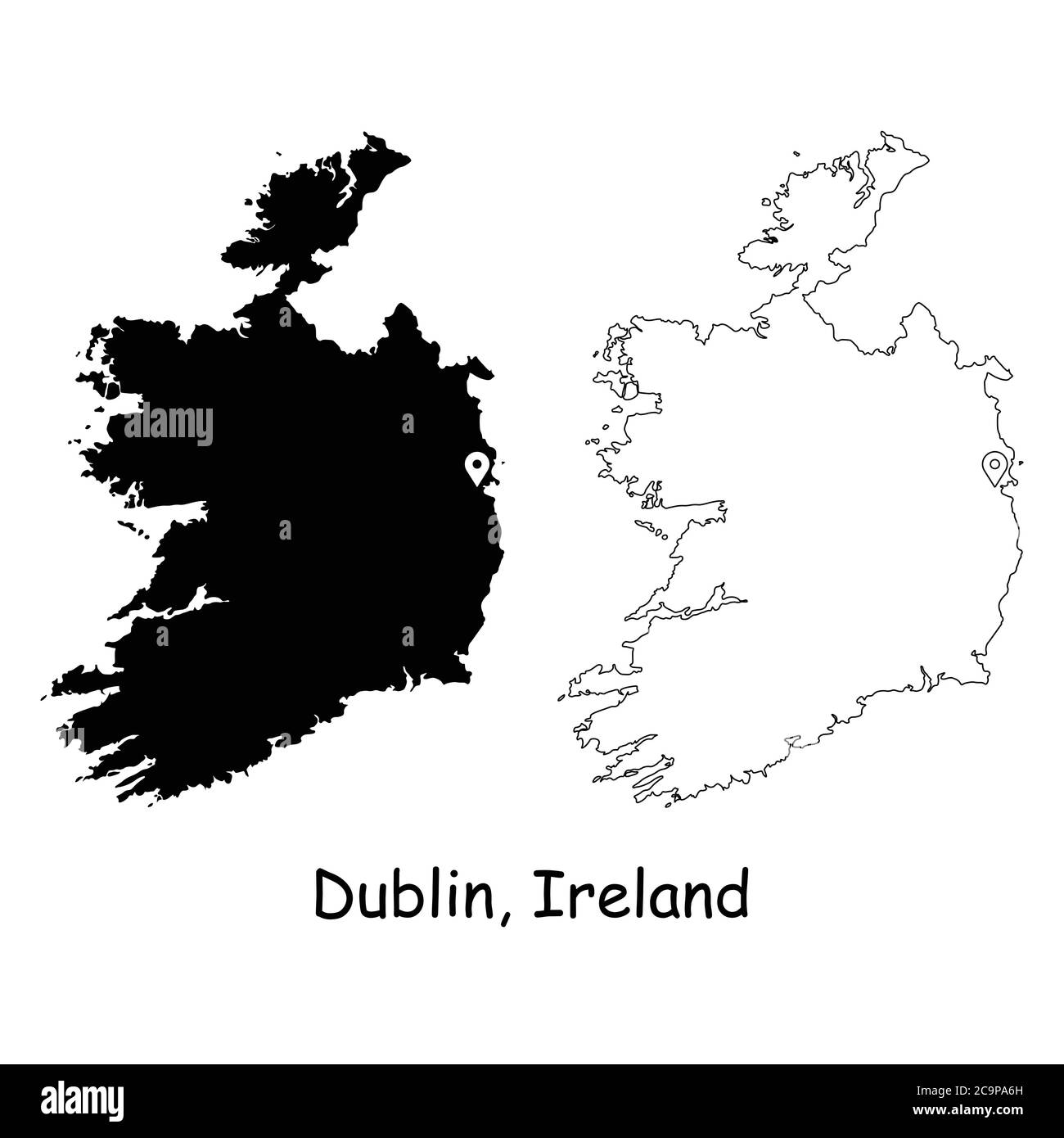 Dublin Irland. Detaillierte Landkarte mit Lage Pin auf Hauptstadt. Schwarze Silhouette und Umrisskarten isoliert auf weißem Hintergrund. EPS-Vektor Stock Vektor