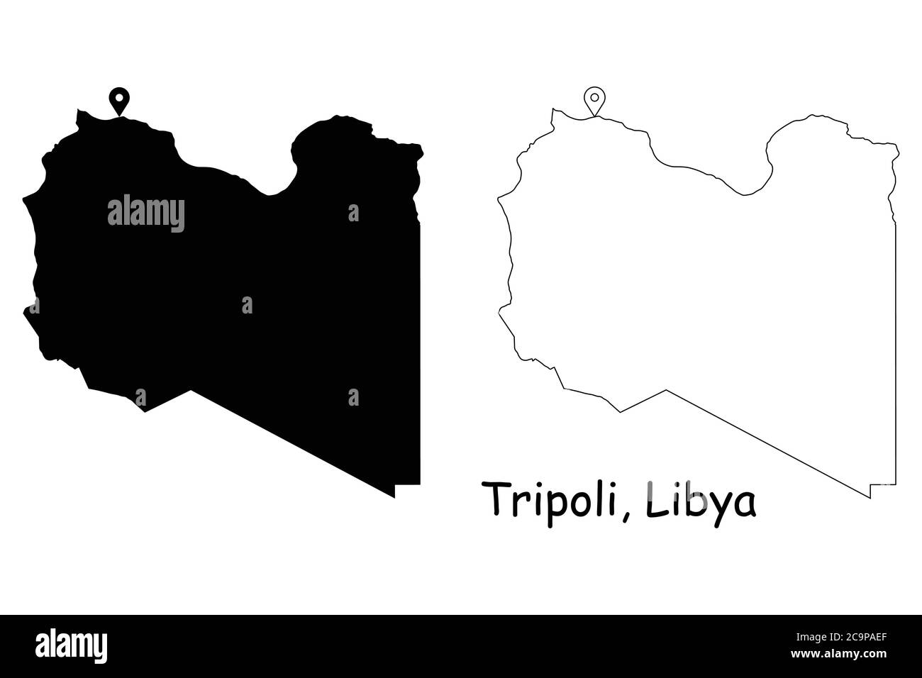 Tripolis Libyen. Detaillierte Landkarte mit Lage Pin auf Hauptstadt. Schwarze Silhouette und Umrisskarten isoliert auf weißem Hintergrund. EPS-Vektor Stock Vektor