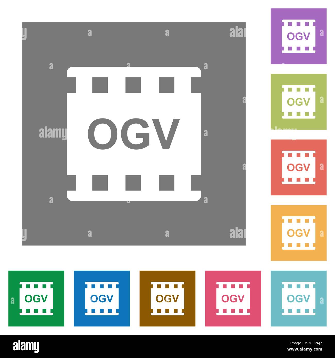 OGV Film-Format flache Symbole auf einfache Farbe quadratischen Hintergründen Stock Vektor