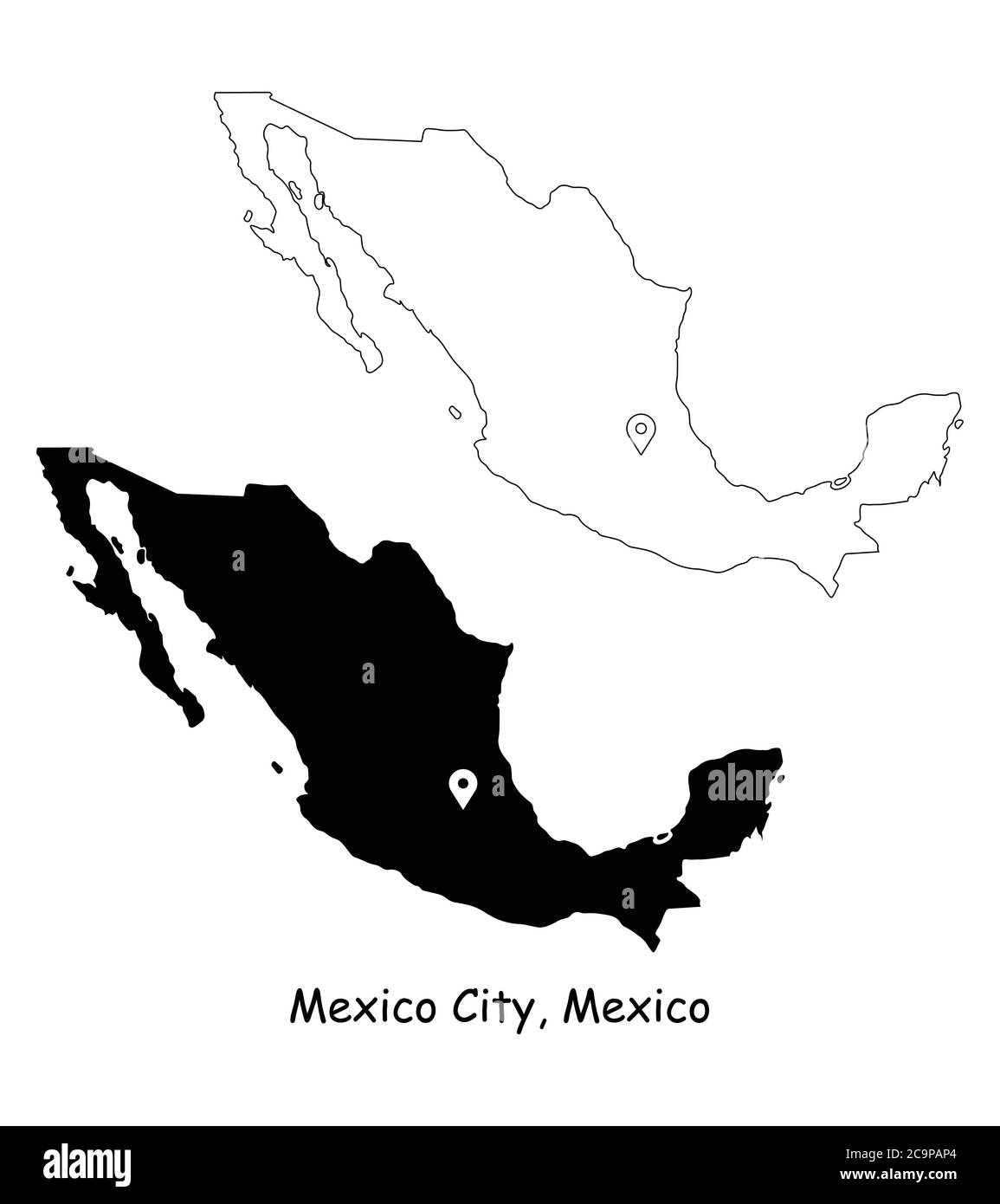 Mexiko-Stadt, Mexiko. Detaillierte Landkarte mit Lage Pin auf Hauptstadt. Schwarze Silhouette und Umrisskarten isoliert auf weißem Hintergrund. EPS-Vecto Stock Vektor