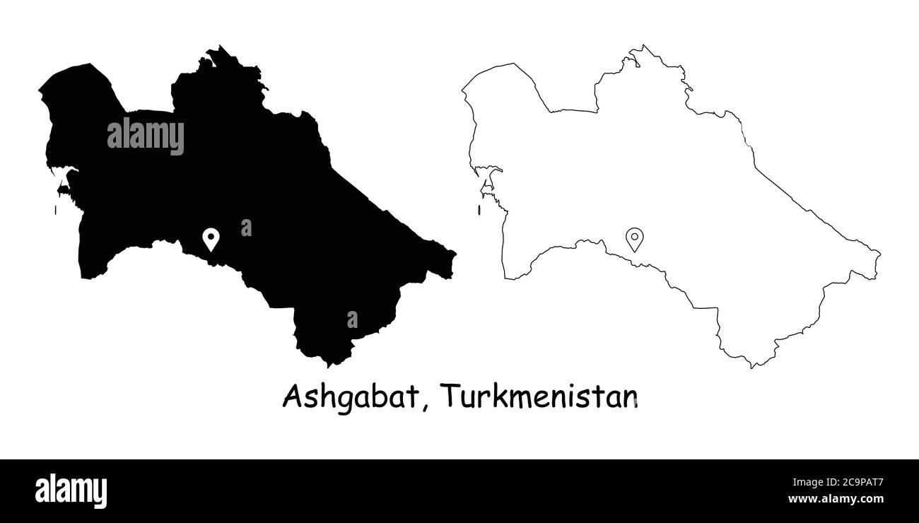 Aschgabat, Turkmenistan. Detaillierte Landkarte mit Lage Pin auf Hauptstadt. Schwarze Silhouette und Umrisskarten isoliert auf weißem Hintergrund. EPS-Ve Stock Vektor