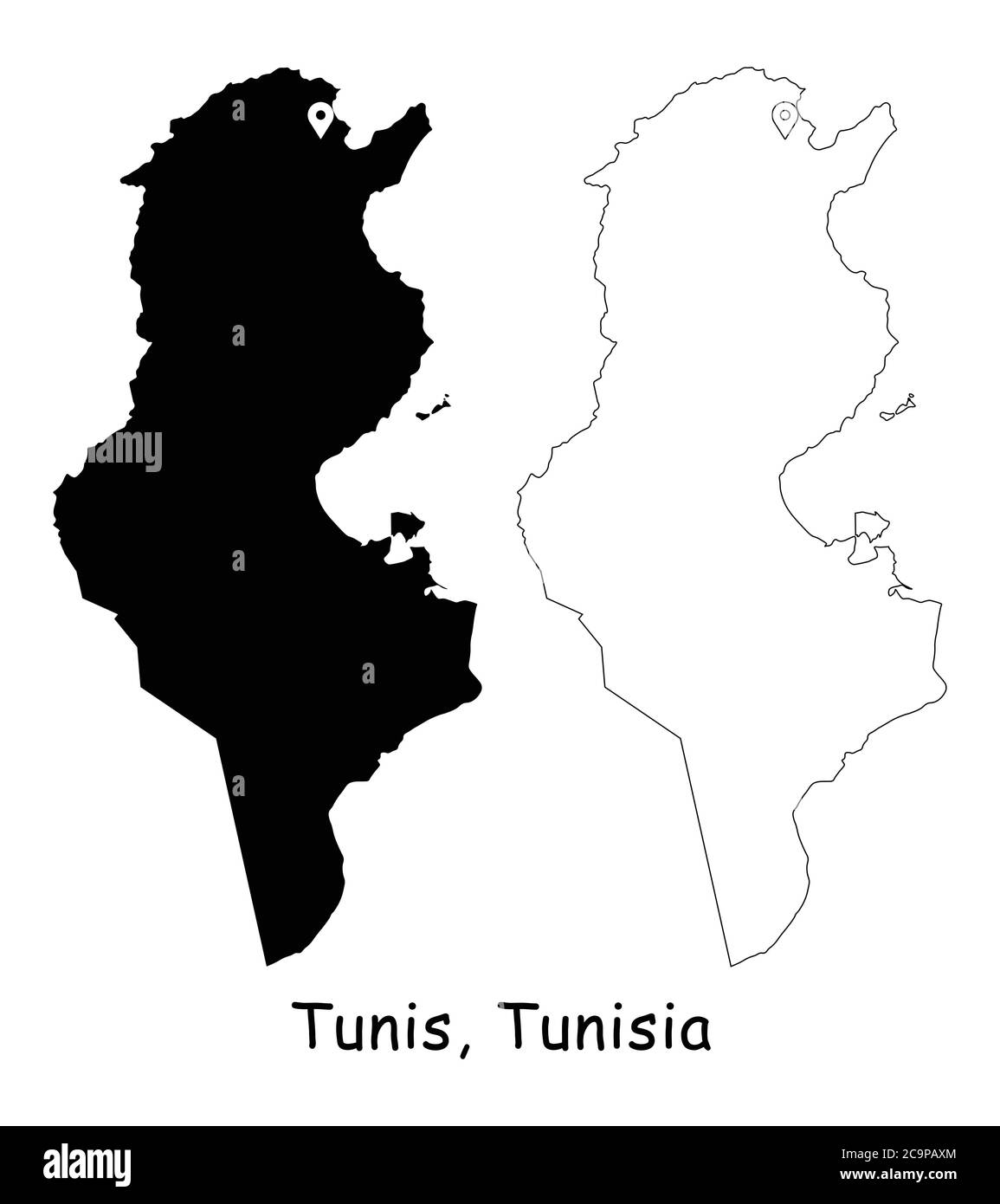Tunis, Tunesien. Detaillierte Landkarte mit Lage Pin auf Hauptstadt. Schwarze Silhouette und Umrisskarten isoliert auf weißem Hintergrund. EPS-Vektor Stock Vektor