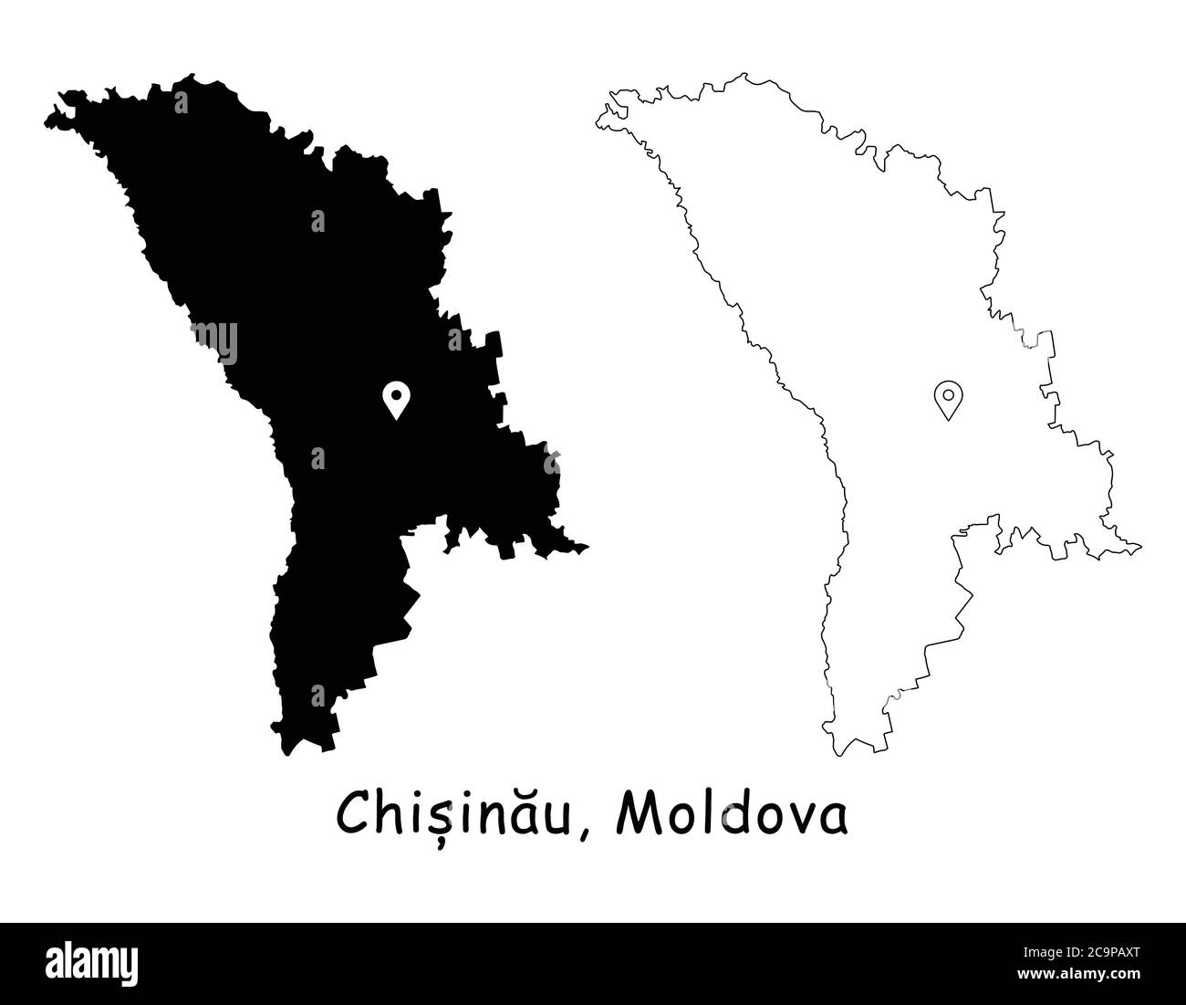 Chisinau, Moldawien. Detaillierte Landkarte mit Lage Pin auf Hauptstadt. Schwarze Silhouette und Umrisskarten isoliert auf weißem Hintergrund. EPS-Vektor Stock Vektor