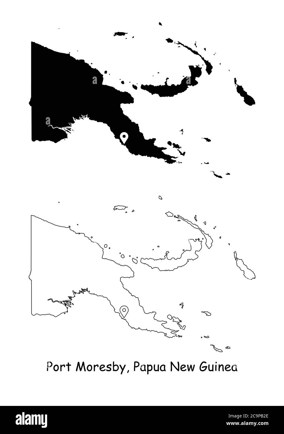 Port Moresby, Papua-Neuguinea. Detaillierte Landkarte mit Lage Pin auf Hauptstadt. Schwarze Silhouette und Umrisskarten isoliert auf weißem Hintergrund Stock Vektor