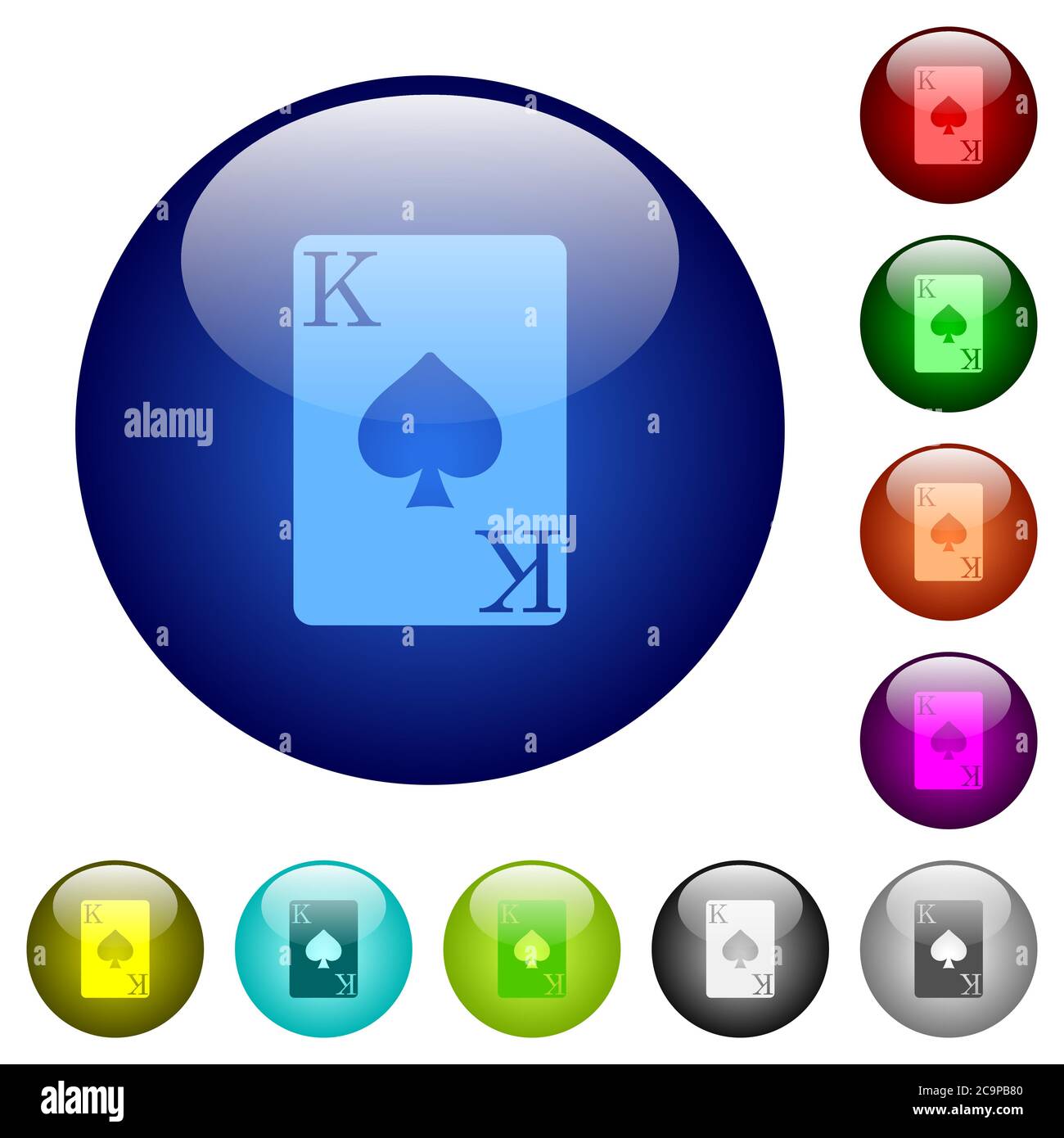 Symbole der Pik-König-Karte auf runden farbigen Glasknöpfen Stock Vektor