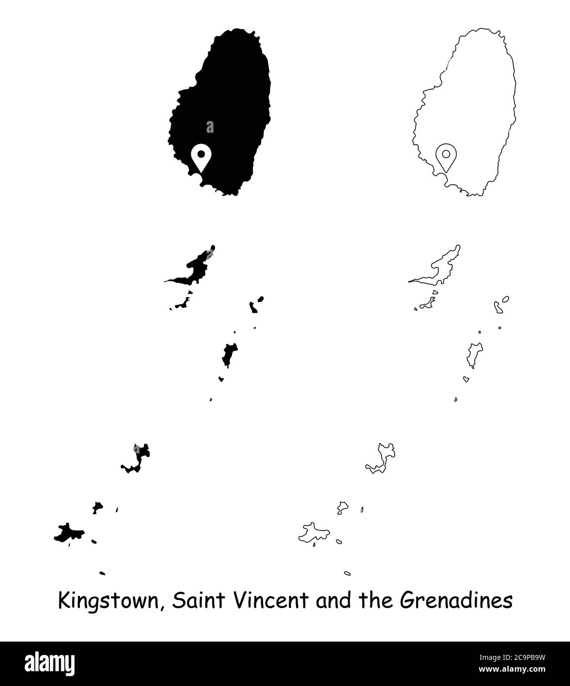 Kingstown, Saint Vincent und die Grenadinen. Detaillierte Landkarte mit Lage Pin auf Hauptstadt. Schwarze Silhouette und Umrisskarten isoliert auf Whi Stock Vektor