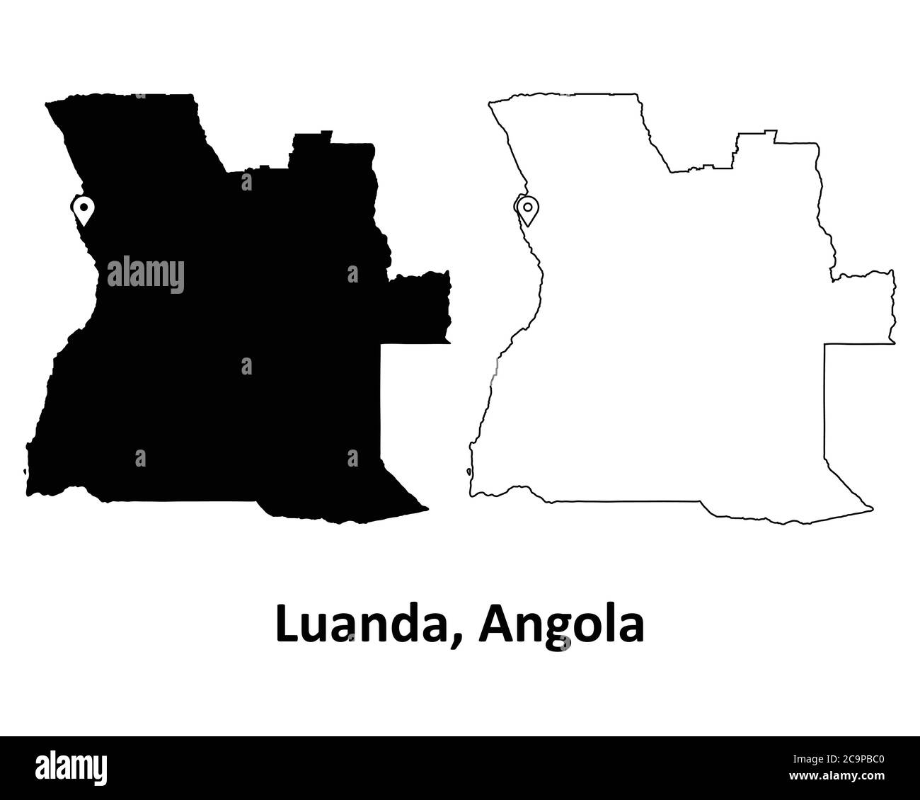 Luanda, Angola. Detaillierte Landkarte mit Hauptstadt Stadt Lage Pin. Schwarze Silhouette und Umrisskarten isoliert auf weißem Hintergrund. EPS-Vektor Stock Vektor