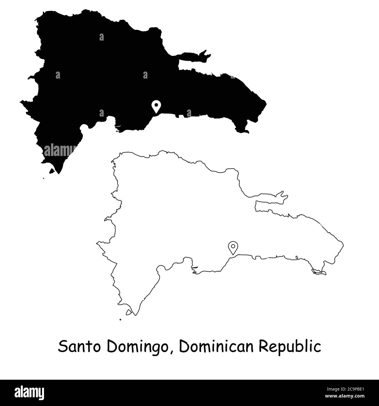 Santo Domingo Dominikanische Republik. Detaillierte Landkarte mit Lage Pin auf Hauptstadt. Schwarze Silhouette und Umrisskarten isoliert auf weißem Hintergrund Stock Vektor