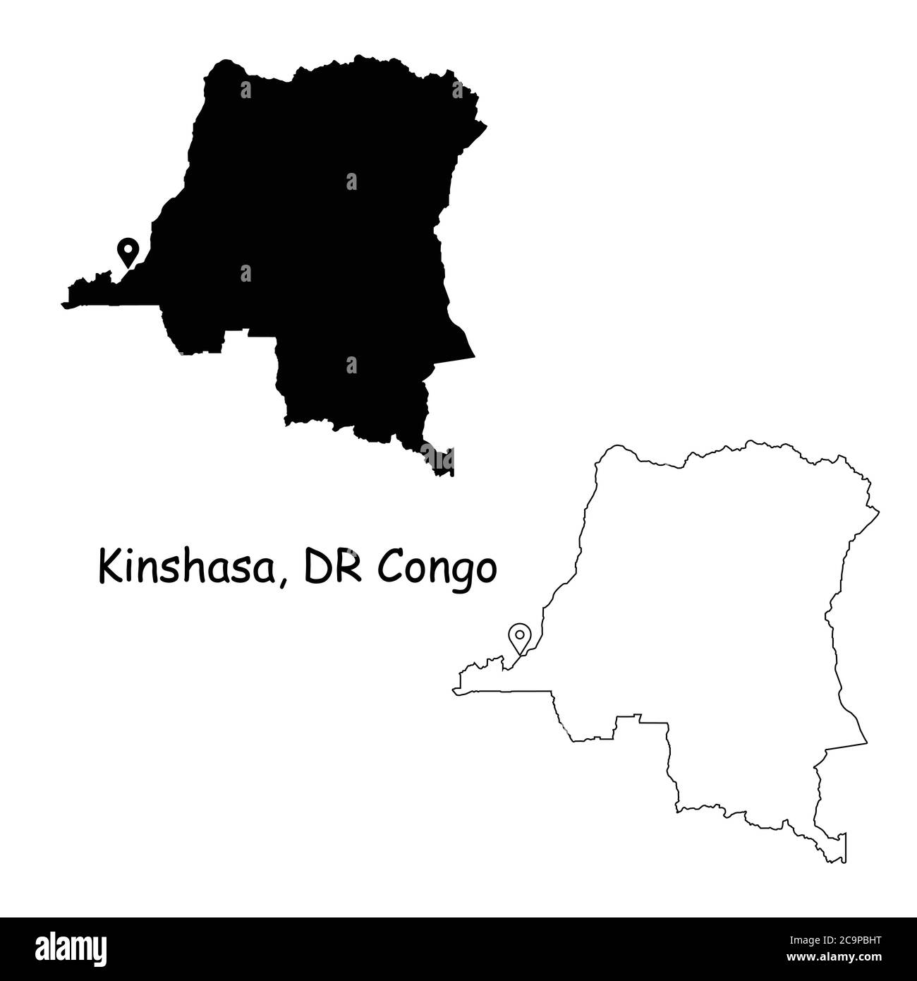 Kinshasa Demokratische Republik Kongo. Detaillierte Landkarte mit Lage Pin auf Hauptstadt. Schwarze Silhouette und Umrisskarten isoliert auf Weiß Stock Vektor