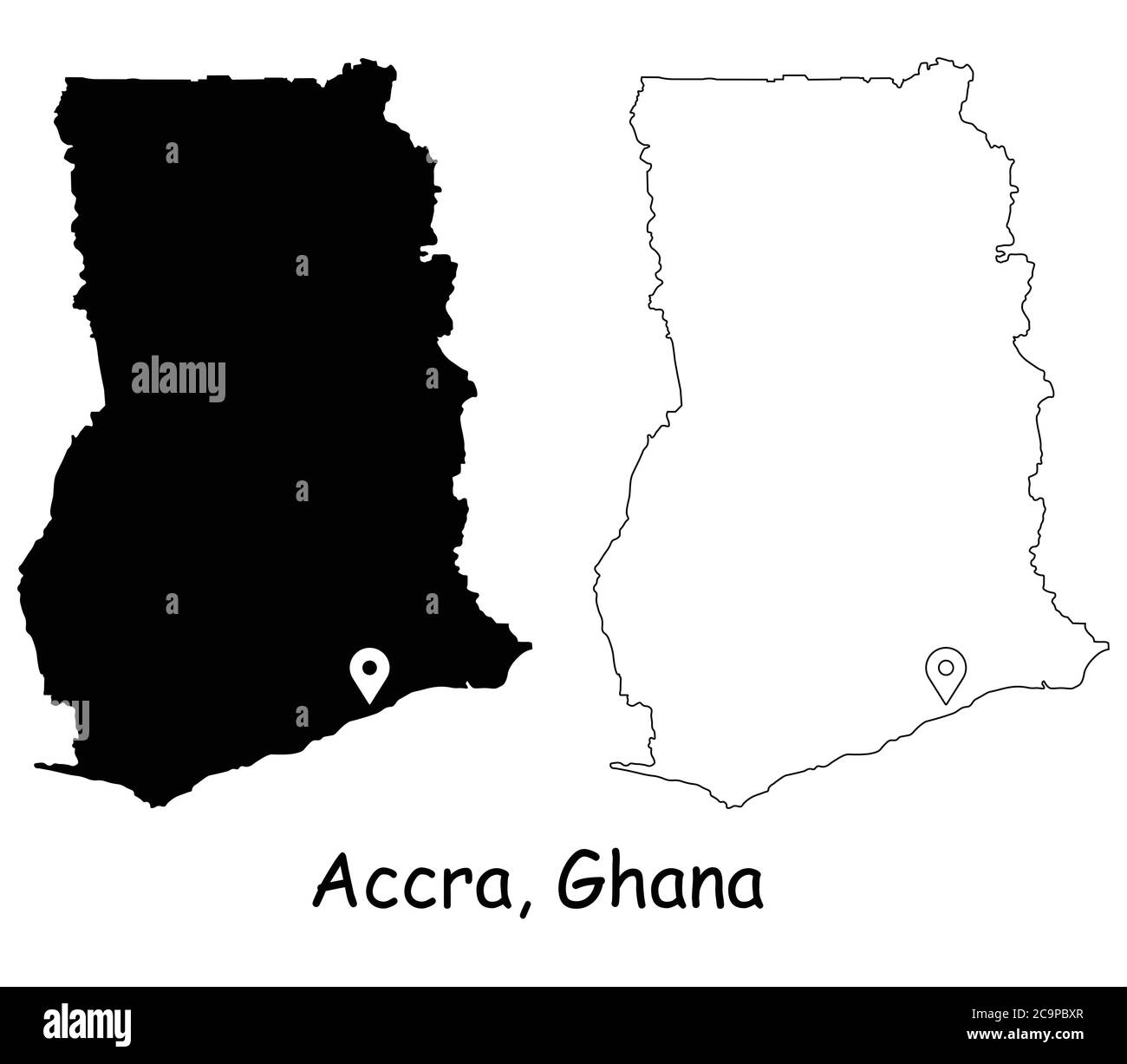 Accra Ghana. Detaillierte Landkarte mit Lage Pin auf Hauptstadt. Schwarze Silhouette und Umrisskarten isoliert auf weißem Hintergrund. EPS-Vektor Stock Vektor