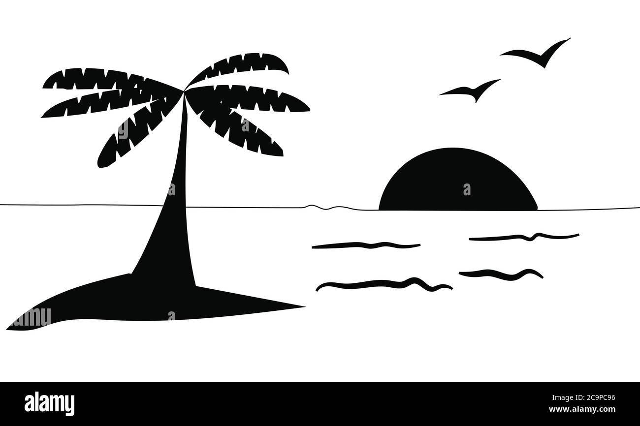 Stilisierte tropische Insel mit Palmen bei Sonnenuntergang. Stockfoto