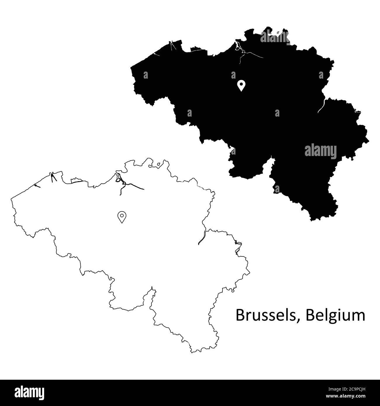 Brüssel Belgien. Detaillierte Landkarte mit Lage Pin auf Belgische Hauptstadt. Schwarze Silhouette und Umrisskarten isoliert auf weißem Hintergrund. EPS Stock Vektor