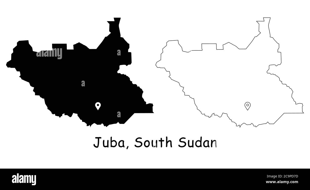 Juba, Republik Südsudan. Detaillierte Landkarte mit Lage Pin auf Hauptstadt. Schwarze Silhouette und Umrisskarten isoliert auf weißem Hintergrund Stock Vektor