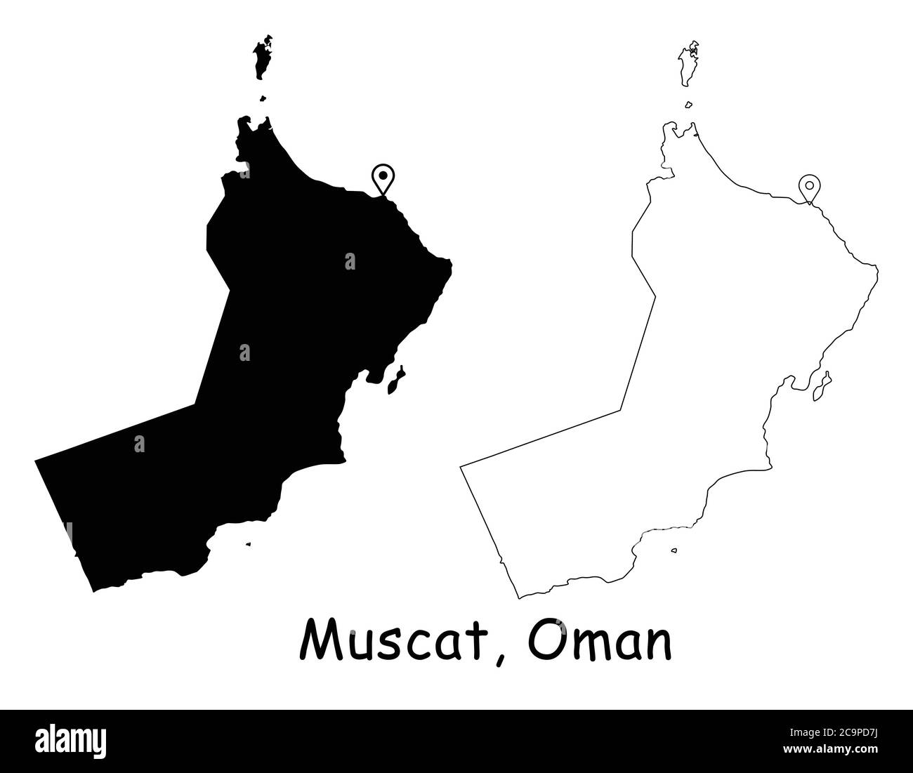 Muscat, Oman. Detaillierte Landkarte mit Lage Pin auf Hauptstadt. Schwarze Silhouette und Umrisskarten isoliert auf weißem Hintergrund. EPS-Vektor Stock Vektor