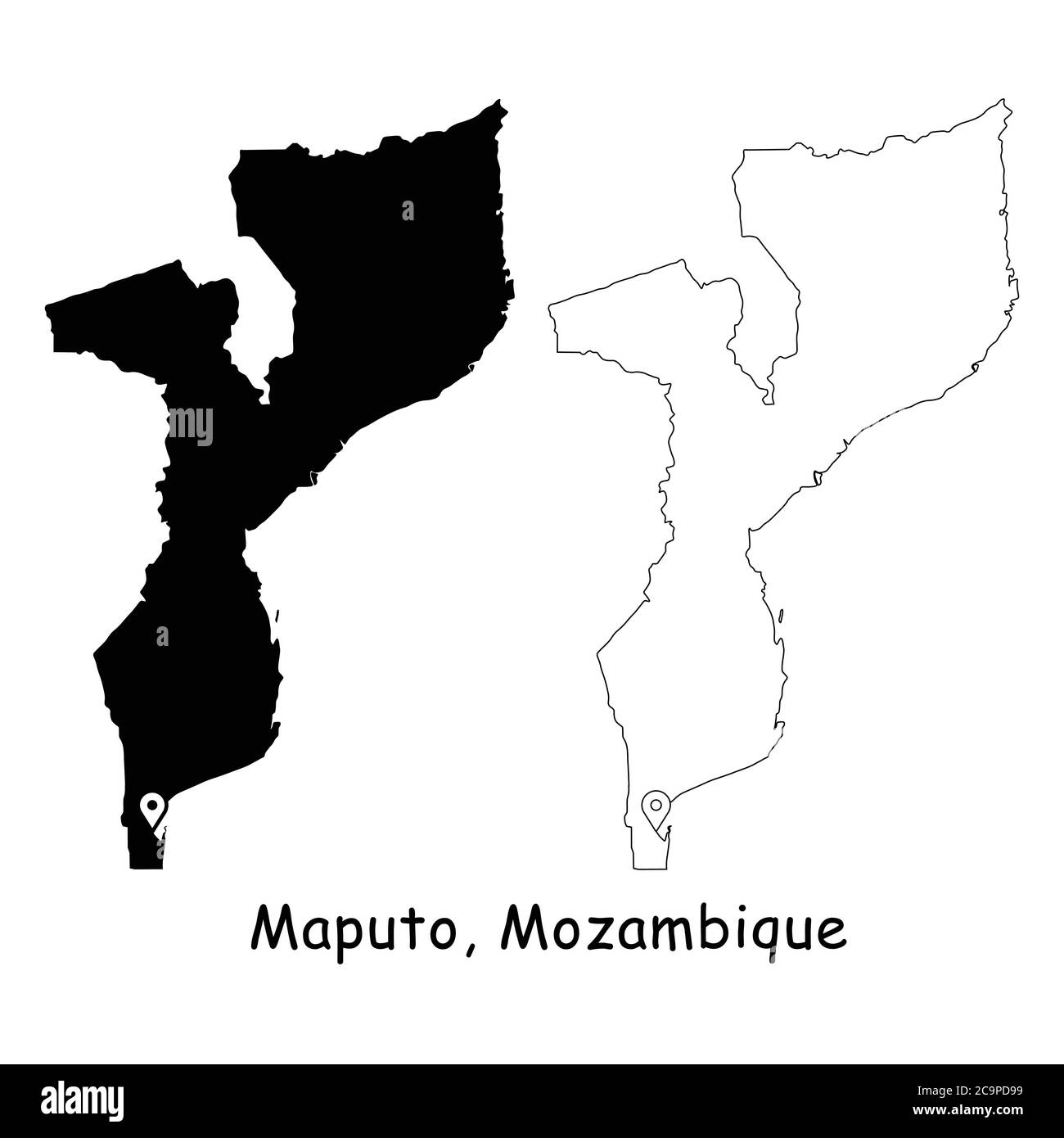 Maputo, Mosambik. Detaillierte Landkarte mit Lage Pin auf Hauptstadt. Schwarze Silhouette und Umrisskarten isoliert auf weißem Hintergrund. EPS-Vektor Stock Vektor