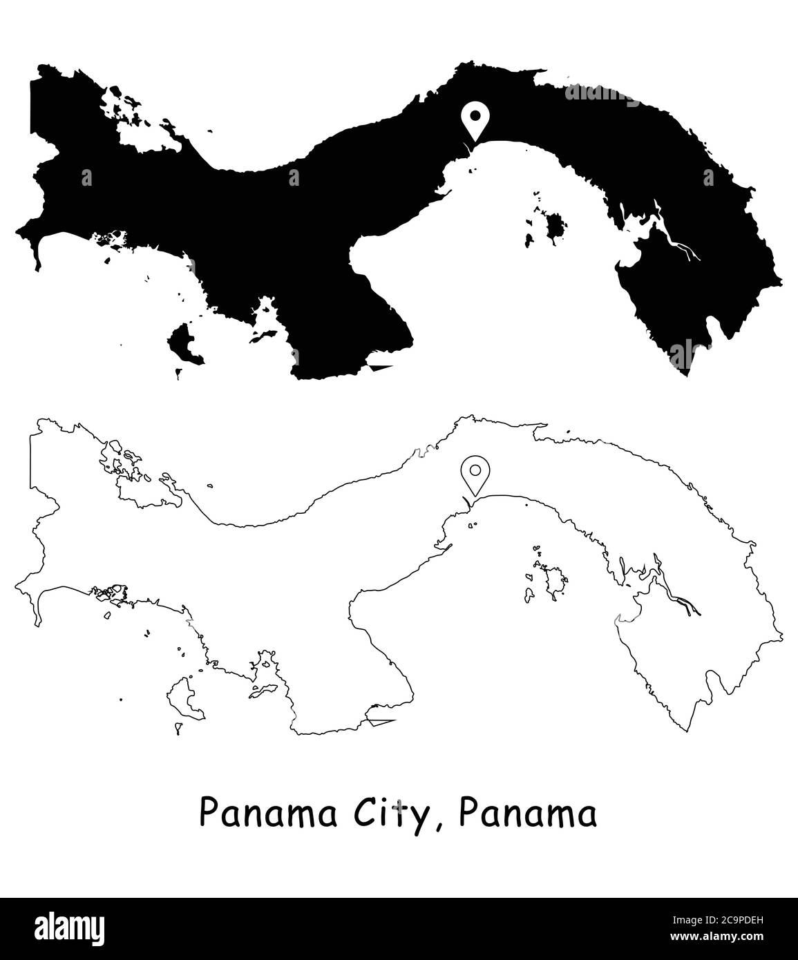 Panama City, Panama. Detaillierte Landkarte mit Lage Pin auf Hauptstadt. Schwarze Silhouette und Umrisskarten isoliert auf weißem Hintergrund. EPS-Vecto Stock Vektor