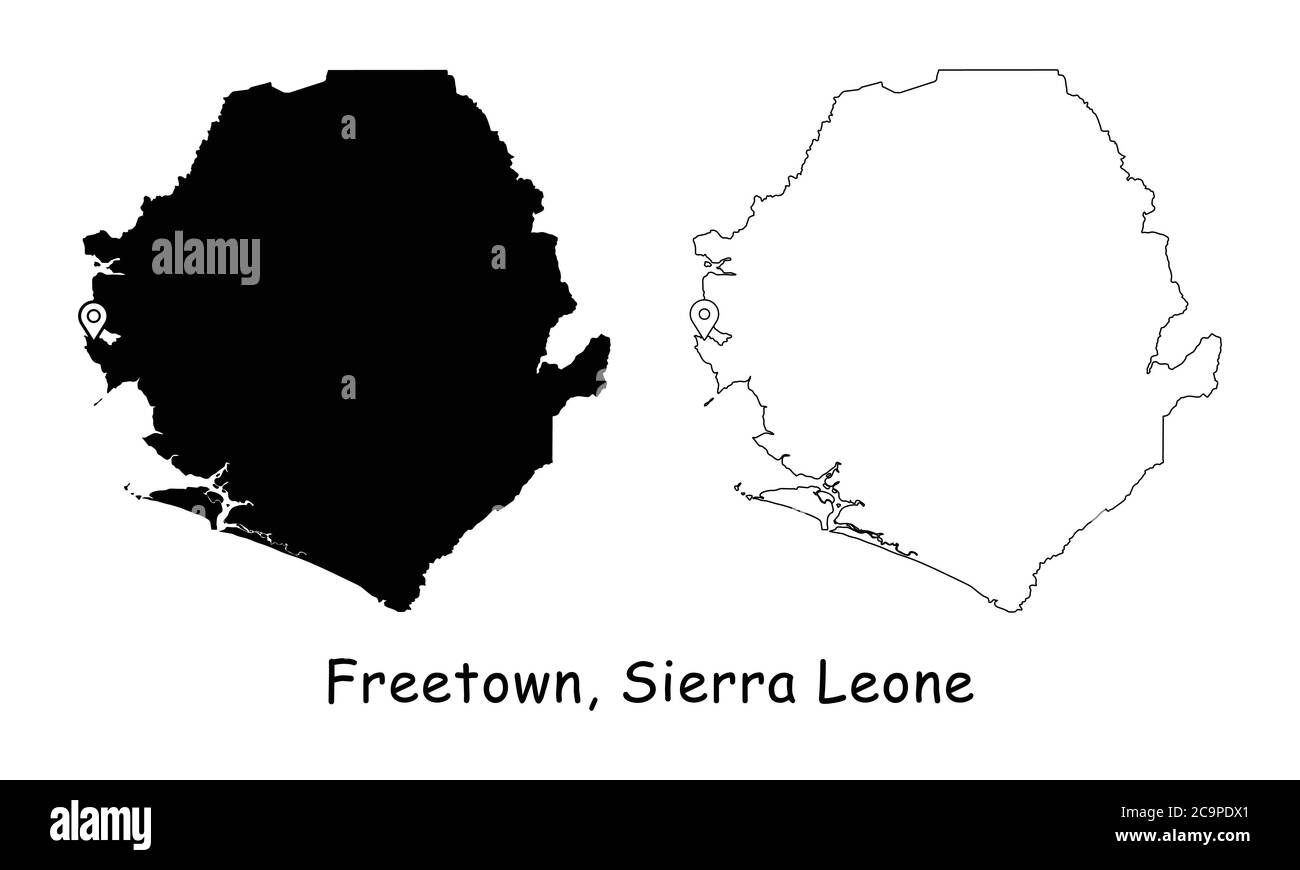 Freetown, Sierra Leone. Detaillierte Landkarte mit Lage Pin auf Hauptstadt. Schwarze Silhouette und Umrisskarten isoliert auf weißem Hintergrund. EPS-Ve Stock Vektor