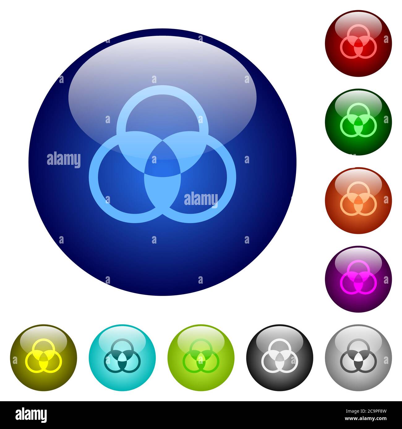 Symbole für Farbmischung auf runden Farbglasknöpfen Stock Vektor