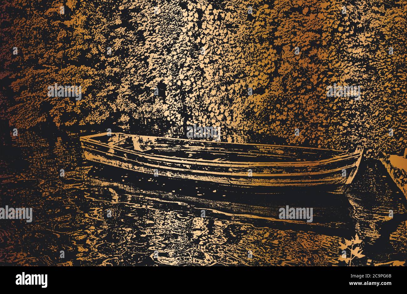 Alte abgenutzte Holzboote am Flussufer. Vektorgrafik „Distressed“. Schwarzer und goldener Hintergrund. Stock Vektor