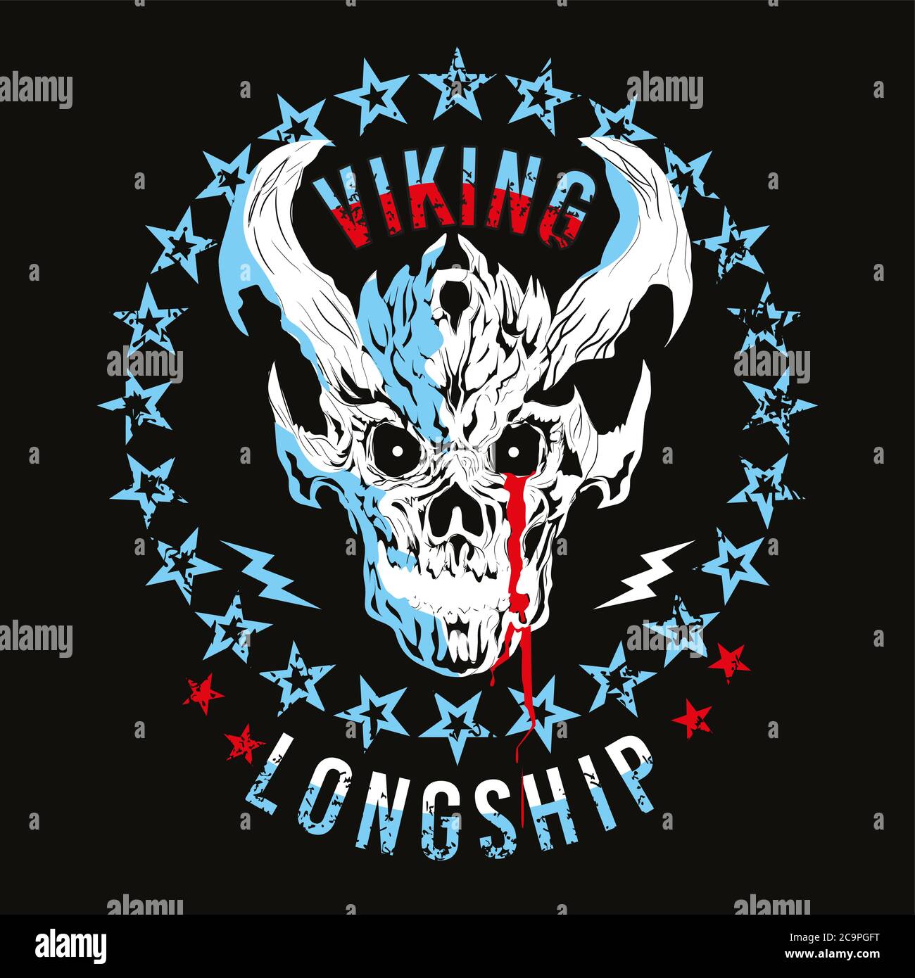 T-Shirt-Design eines wikinger Totenschädels mit einem Kreis von Sternen und Buchstaben auf schwarzem Hintergrund. Stock Vektor