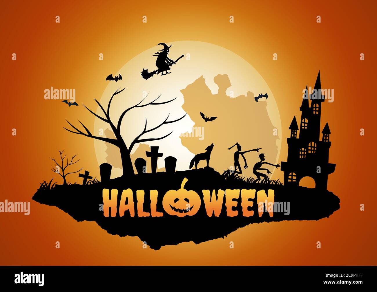 Halloween Hintergrund mit schwimmenden Insel Friedhof und Geist, Vektor-Illustration Stock Vektor