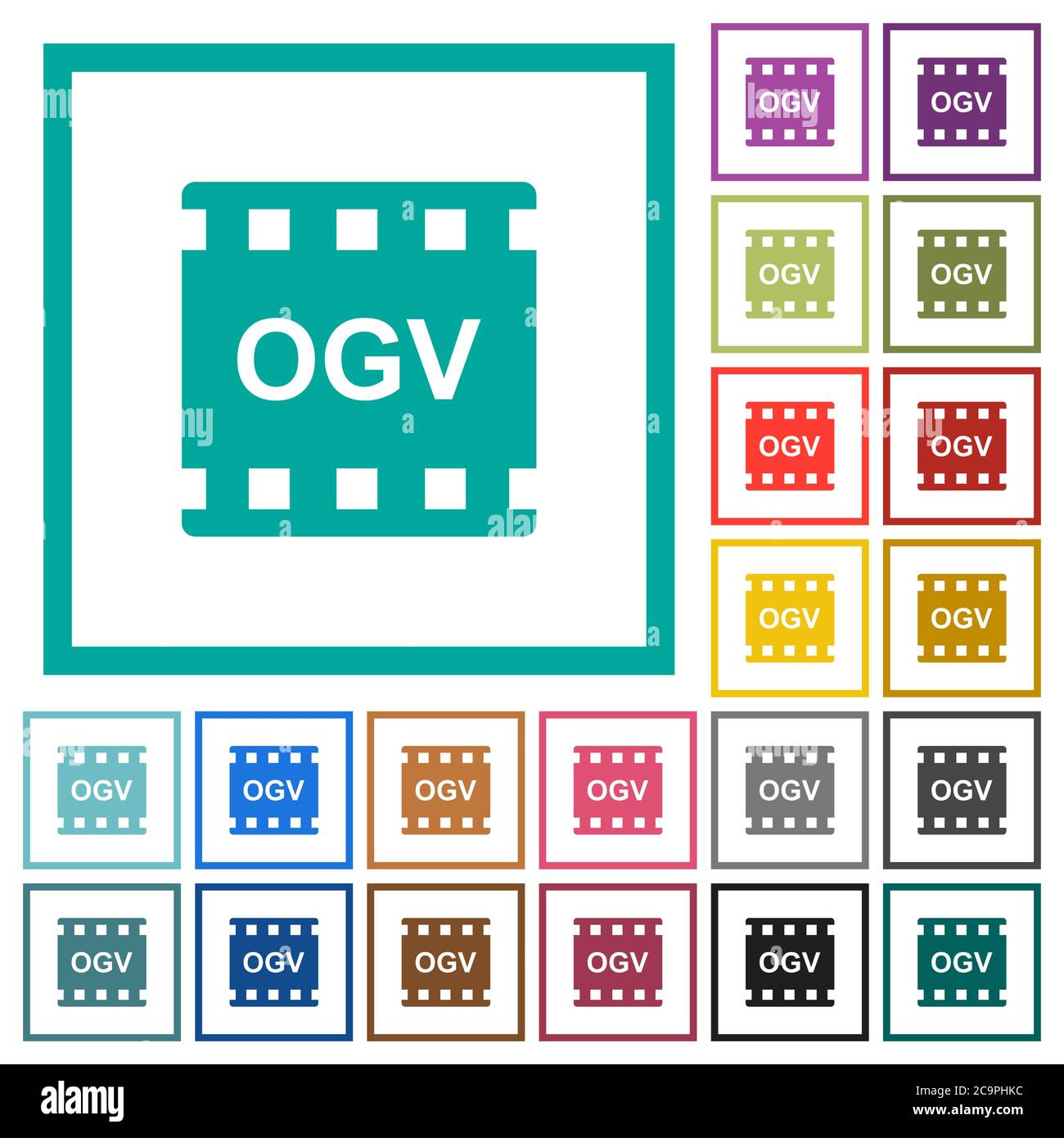 OGV-Film-Format flache Farbsymbole mit Quadranten-Rahmen auf weißem Hintergrund Stock Vektor