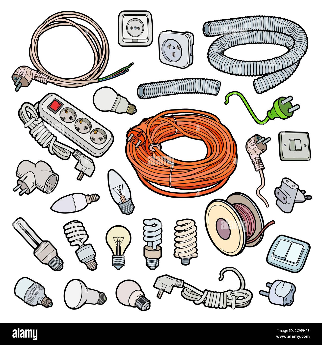 Cartoon doodles elektrische Instrumente Objekte gesetzt Stock Vektor