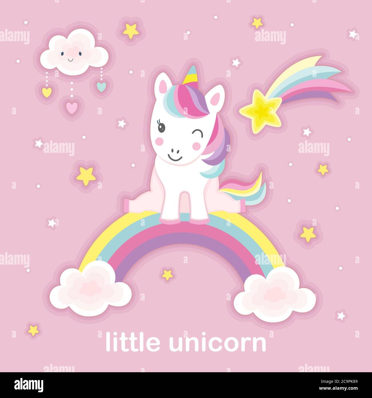 Ein süßes, kleines Einhorn auf einem Regenbogen. Fantasy-Tier. Illustration für Kinder. Für die Gestaltung von Pints, Plakaten, Karten, etc. Vektor. Stock Vektor