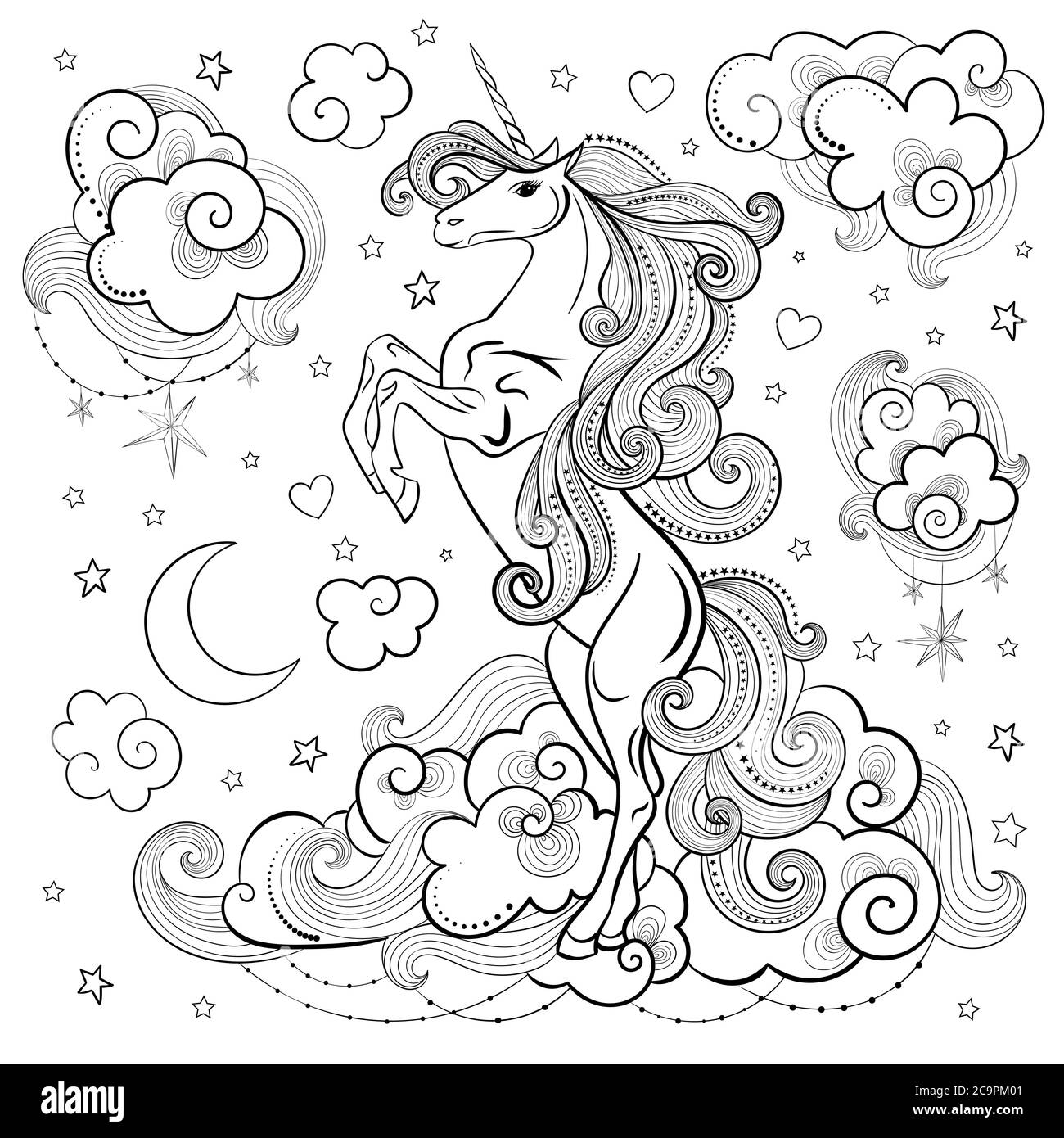 Niedliches Einhorn auf den Wolken, schwarz und weiß. Doodle-Stil. Fantasy-Tier. Für die Gestaltung von Drucken, Plakaten, Stickern, Tattoos, Karten und so weiter. Vect Stock Vektor