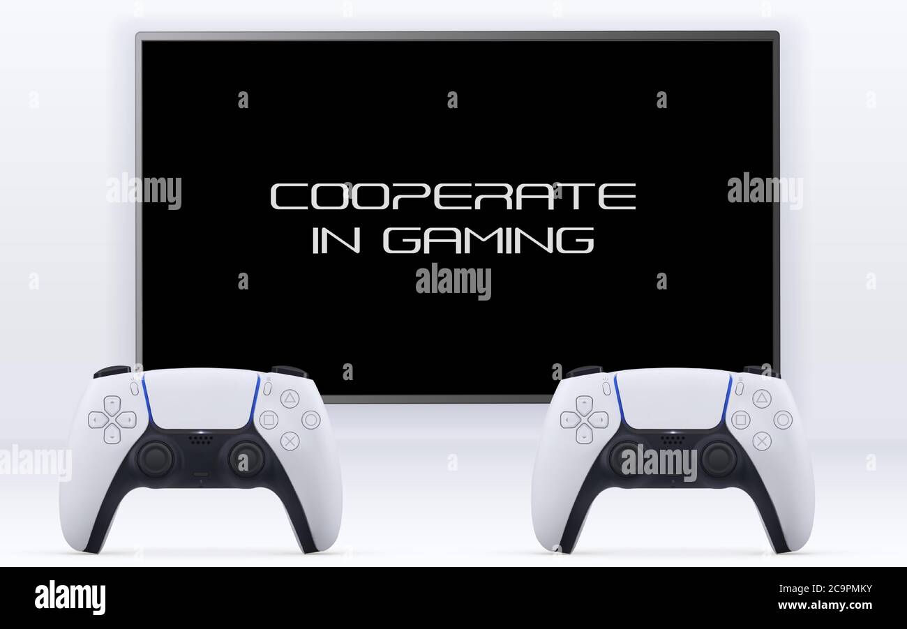 Kooperatives Gaming-Konzept mit Fernbedienung und Gamepad vor dem fernseher isoliert auf weißem Hintergrund Vektor-Illustration Stock Vektor