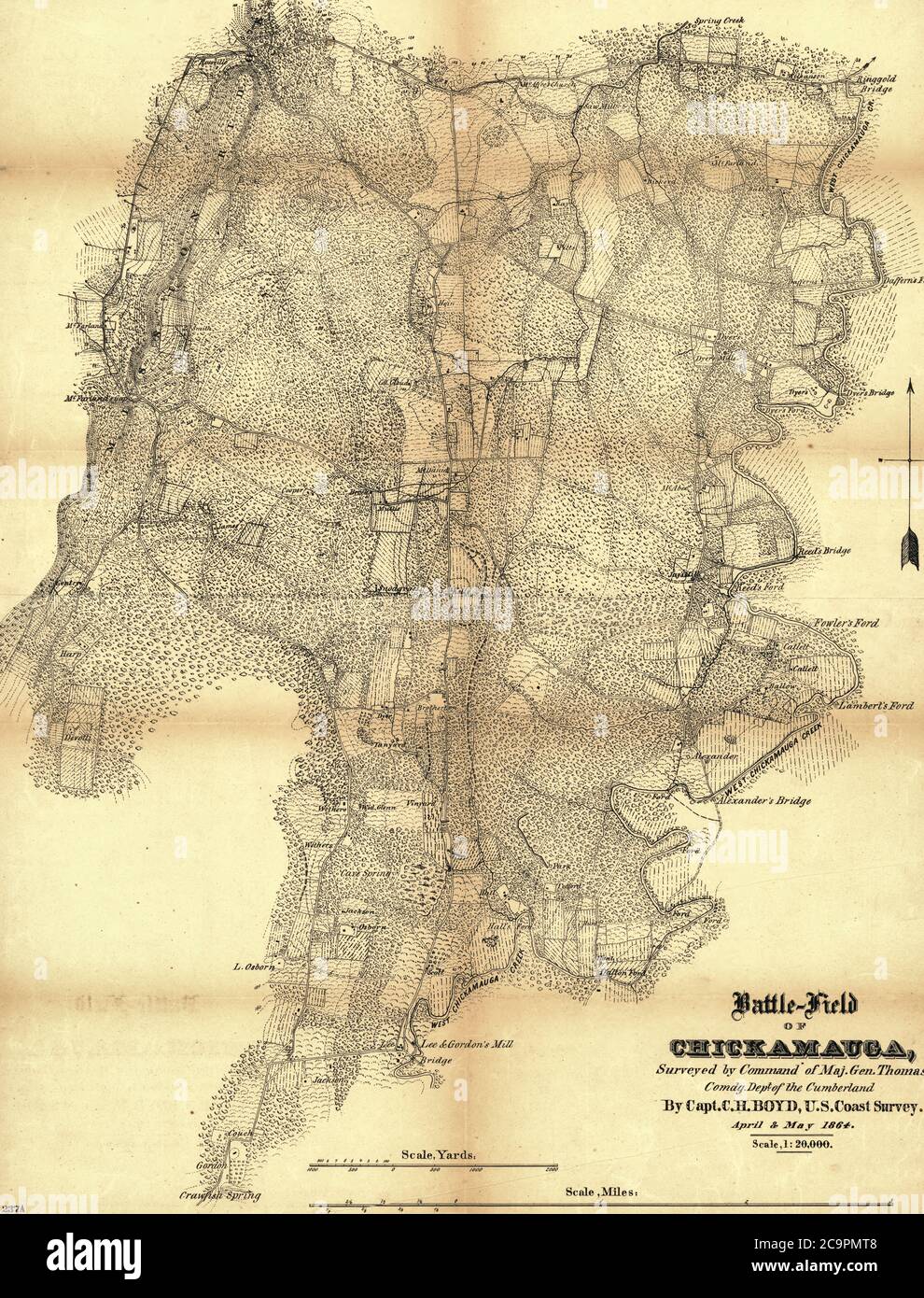 Schlachtfeld von Chickamauga, zeigt Straßen, Furten, Entwässerung, Vegetation, Häuser, Namen der Bewohner, Zäune, und Relief durch Konturlinien. Einige Befestigungsanlagen sind gegeben, aber Truppenpositionen und Bewegungen während der Schlacht von Chickamauga sind nicht angegeben. Stockfoto