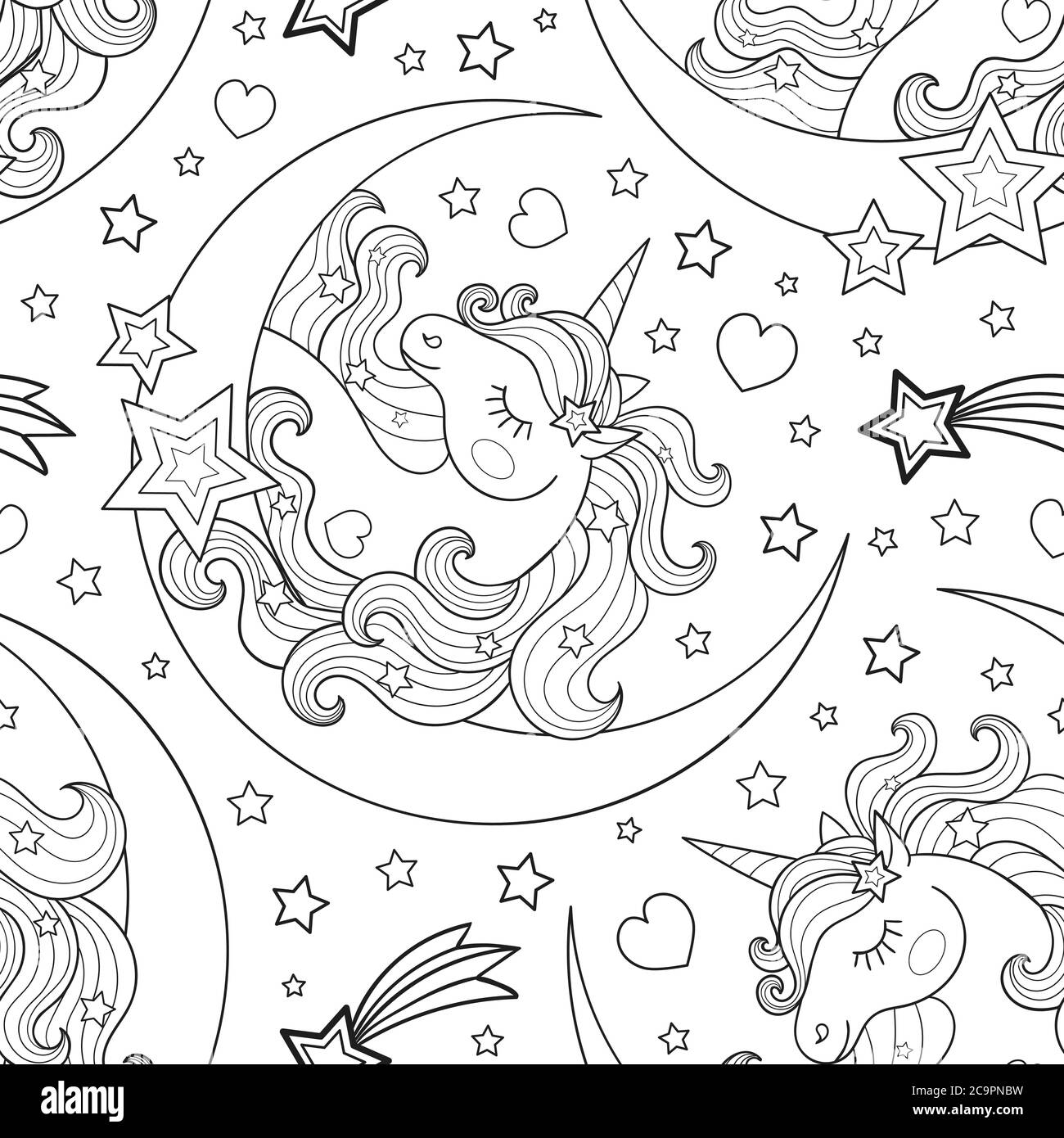 Nahtloses Muster mit Einhorn und Mond, schwarz und weiß. Vektor für die Gestaltung von Stoff, braunes Papier, Tapete, Hintergründe, Scrapbooking. Vektor Stock Vektor