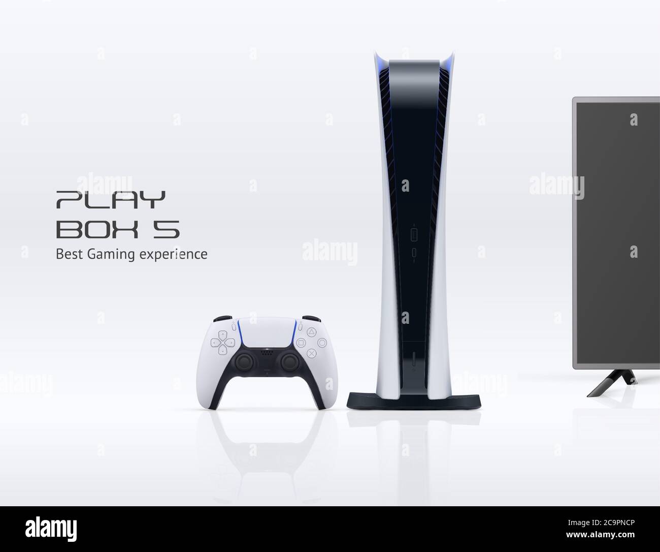 Vector Play Konsole mit Gamepad, TV und Reflexionen isoliert auf weißem Hintergrund. Gaming-Bannerkonzept der nächsten 5 Generation. Stock Vektor